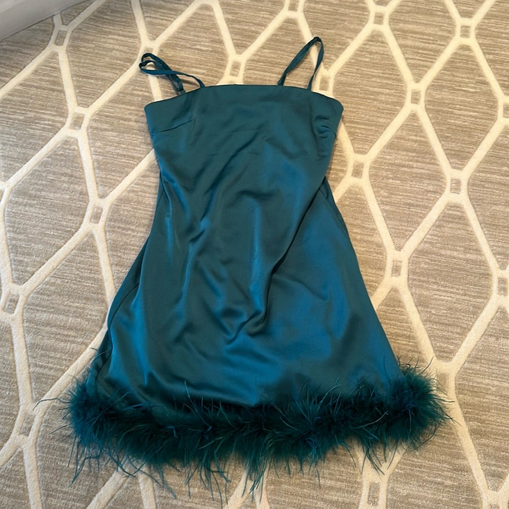 A aqua marine long dress with feathers around the brim.